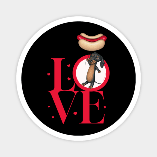 Funny Doxie Dog with hotdog balloons on a Dachshund Love tee Magnet